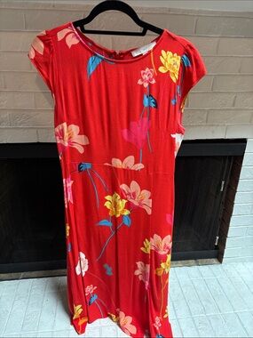 LOFT Red Floral Cap-Sleeve Midi Dress